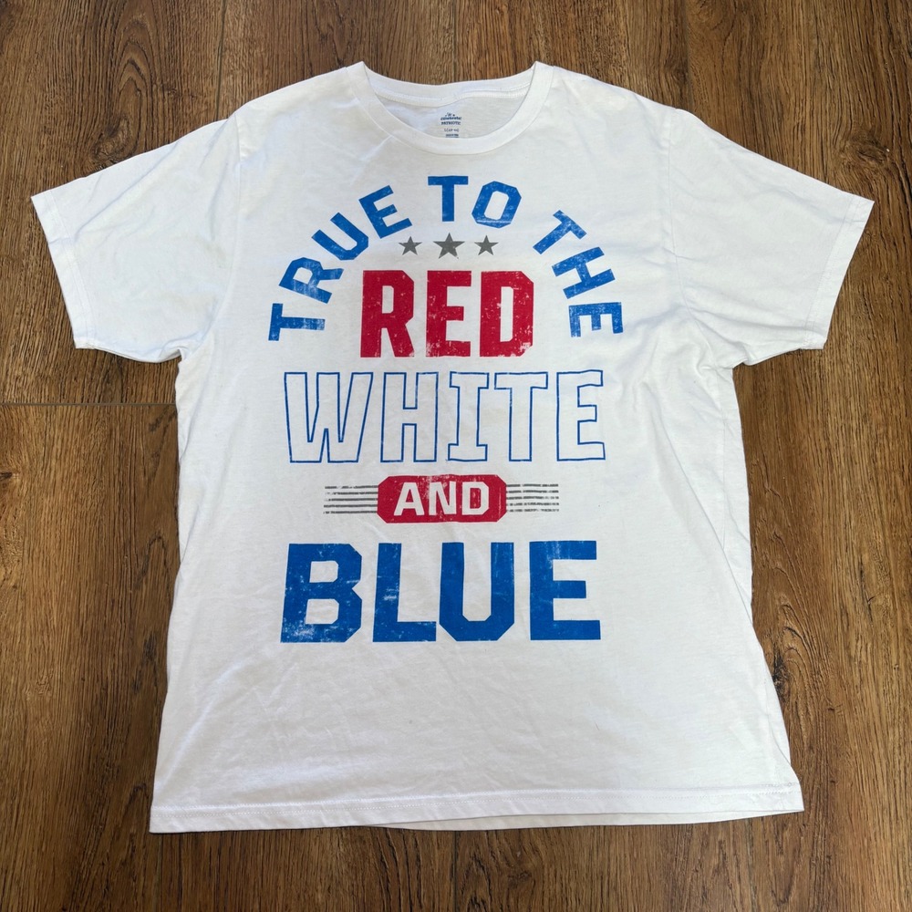 True to the Red White & Blue Patriotic Theme USA White T-Shirt Adult Size Large